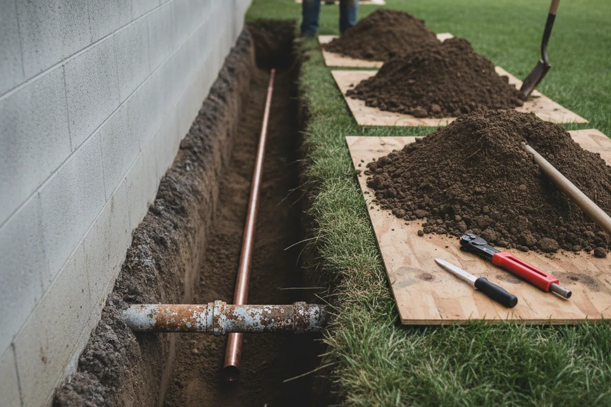 Excavated water line trench during Water Softener Installation in Montvale